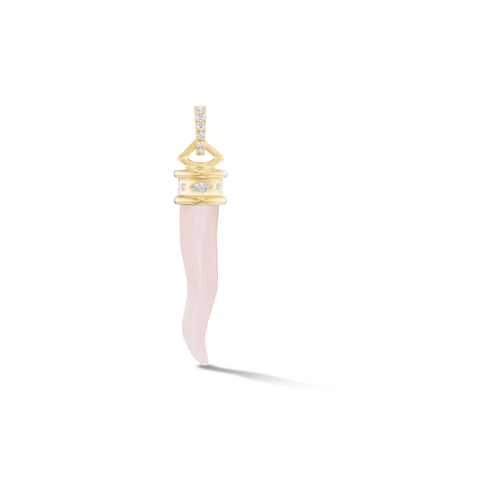 Diamond Cornicello Amulet Charm- Pink Opal